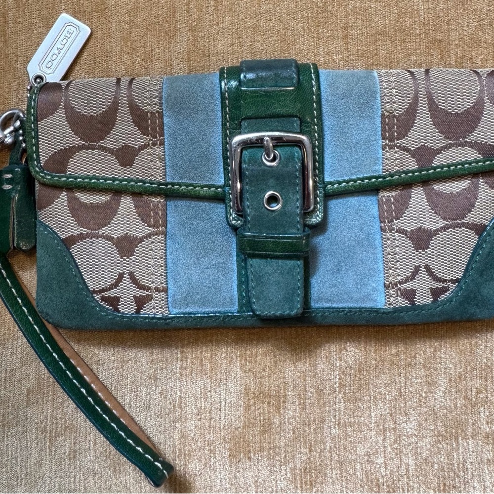 Coach Signature Canvas & Green Suede Wristlet